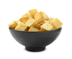 Delicious crispy croutons in bowl isolated on white