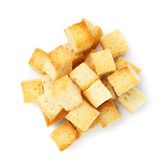 Many delicious crispy croutons isolated on white, top view