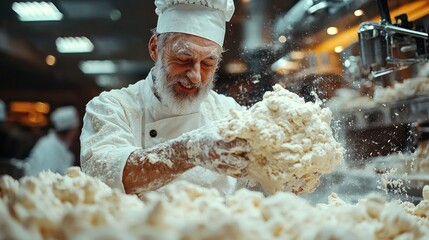 A Passionate Baker Kneading Dough in a Floury Bakery