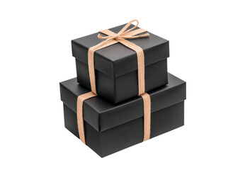 Two black gift boxes stacked and tied with jute string on a transparent background. Presents for holidays, birthdays, or special occasions.