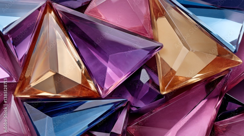 Poster this composition showcases a variety of crystal-like shapes in vivid colors. light reflects off the 
