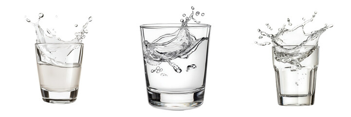 Three glasses with dynamic water splashes.