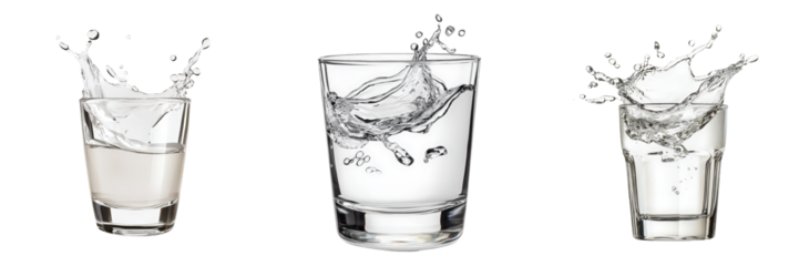 Three glasses with dynamic water splashes.
