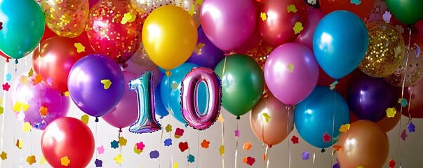Colorful balloons celebrating a 10th birthday party decoration