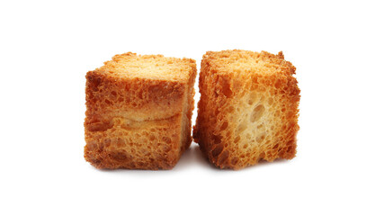 Two tasty crispy croutons isolated on white