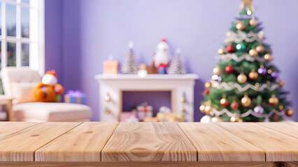 Blurred Christmas Living Room with Wooden Table Foreground