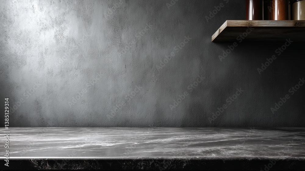 Aufkleber empty black marble countertop features subtle veining, set against a matte black wall, emphasizing i