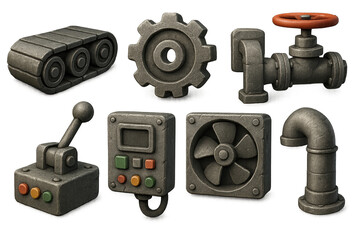 Industrial factory icon set: detailed 3d renderings of machinery and equipment for design projects