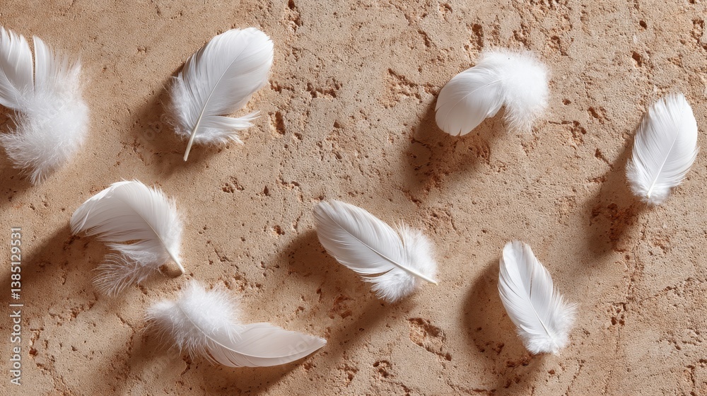 Aufkleber close-up shot features soft white feathers scattered across a beige surface, bathed in warm light, c