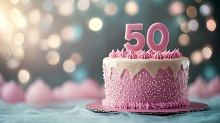 Delicious pink birthday cake celebrating a 50th birthday party