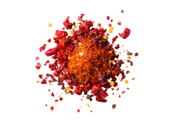 Pile of crushed red pepper flakes on transparent background. Concept of spice, seasoning, and cooking ingredient.