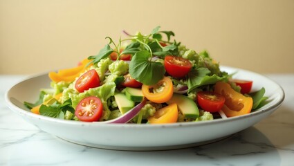 A vibrant and fresh salad, artfully arranged on a white plate, overflowing with colorful and healthy ingredients