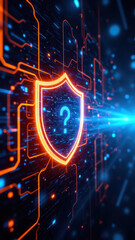 Obraz premium A digital shield with a question mark at its center, signifying an inquiry or issue within cybersecurity.