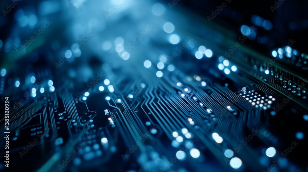 Poster detailed close-up of a circuit board featuring silver and gold connectors, softly lit with blue ligh