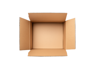 Open cardboard box on a transparent background. Concept of packaging, delivery, and storage.