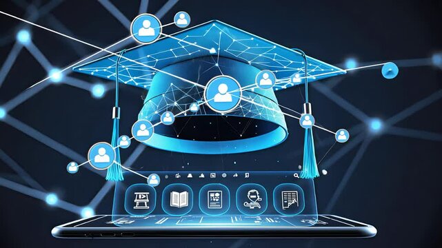 Futuristic digital education concept with glowing graduation cap and network holograms over laptop screen in dark setting