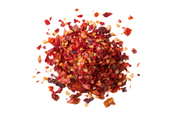 Pile of dried red pepper flakes on transparent background. Spice for cooking.