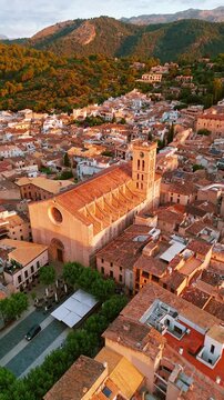 Aerial view of the picturesque town of Pollensa in Mallorca, Spain.