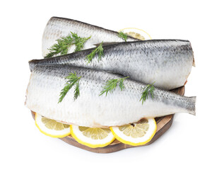 Tasty herring fillets with dill and lemon slices isolated on white
