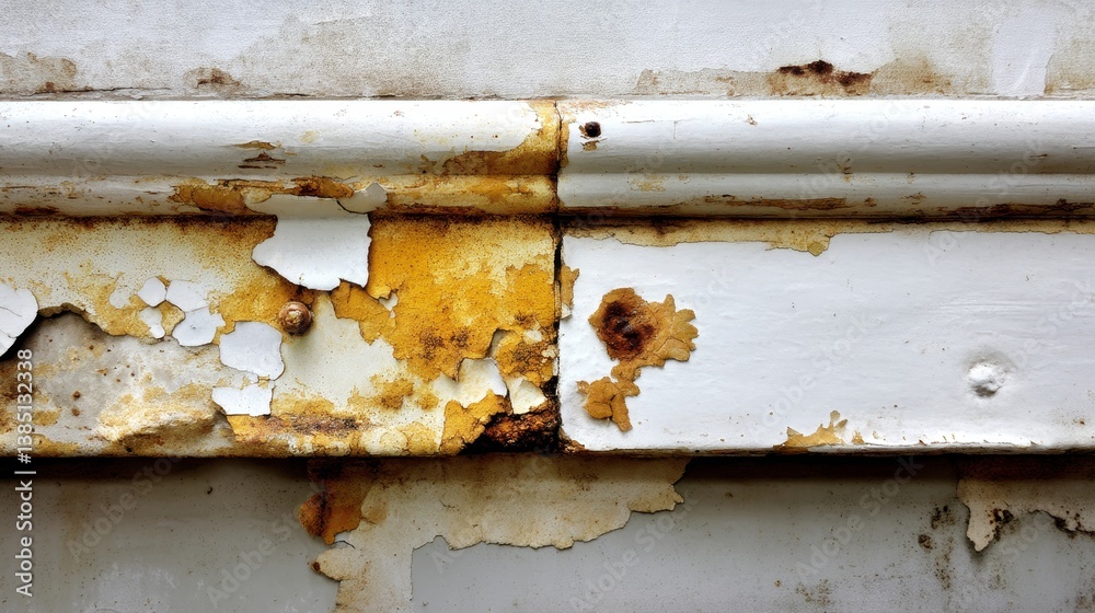 Poster close-up view reveals a detailed abstract pattern of peeling paint and rusted metal, merging warm an