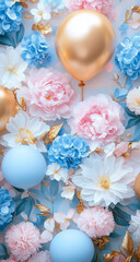Obraz premium Pink and blue flowers, golden balloons, blue background, balloon garland decoration