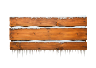 Wooden sign with snow and icicles isolated on white. Winter concept.