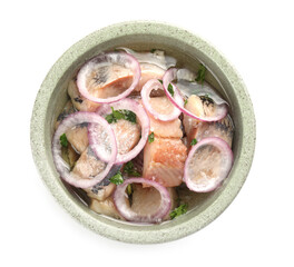 Pieces of delicious herring with onions isolated on white, top view