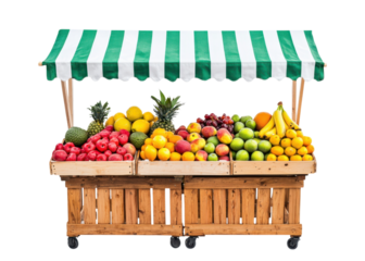 Fruit stand with a variety of fresh fruits including pineapples, apples, oranges, bananas, and mangoes. Isolated on transparent background.