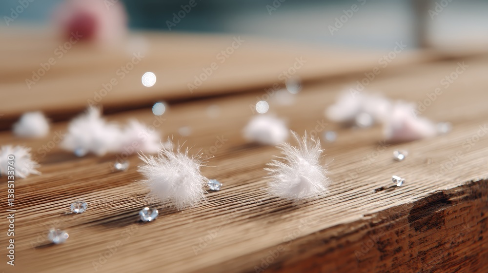 Poster Soft feathers and shimmering gems are scattered artistically across rough wood, highlighting a beautiful contrast between fragility and texture in a tranquil environment