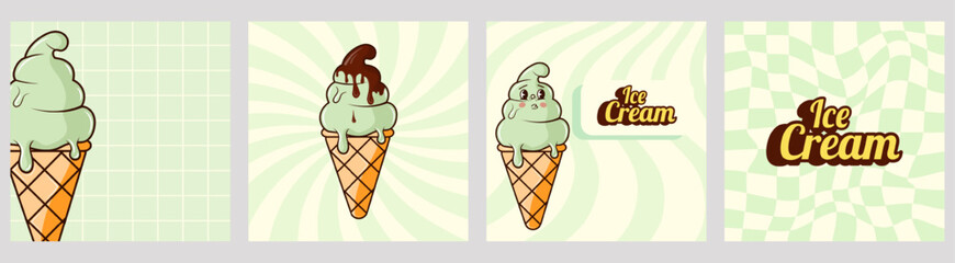 A set of cool groovy mint/pistachio ice cream illustrations with waffle cones and fun retro backgrounds. Perfect for summer branding, social media posts, packaging, kids designs, flyers and posters.