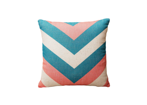 Decorative pillow with chevron pattern in blue, pink, and white. Isolated on transparent background.