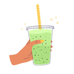 Vector illustration of a hand holding a plastic cup for taking out a green smoothie. Detox drink. The concept of healthy eating. Isolated design on a white background.