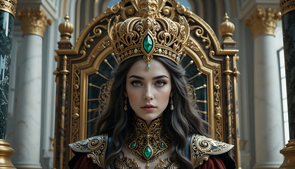 Fototapeta premium Regal figure in ornate golden attire seated on lavish throne surrounded by elegant architectural details