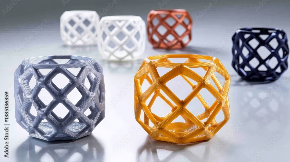 Aufkleber Various lattice-style 3D-printed models are arranged evenly, showcasing intricate designs in orange, white, and blue on a neutral backdrop for a structured look