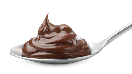 Tasty chocolate pudding in spoon isolated on white