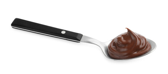 Tasty chocolate pudding in spoon isolated on white