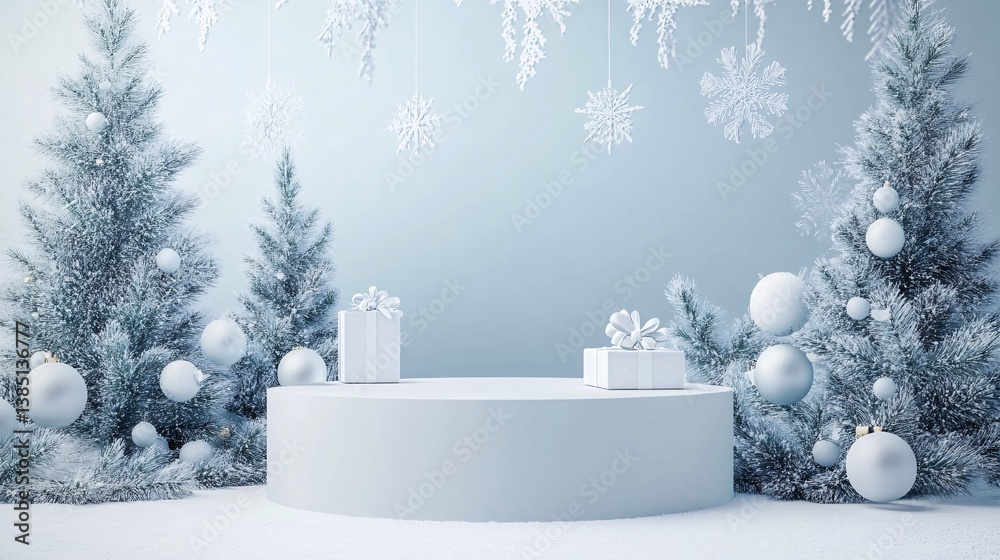 Poster minimal christmas background with podium for product display, snowy fir trees and gift boxes