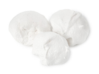 Delicious homemade meringue cookies isolated on white, top view