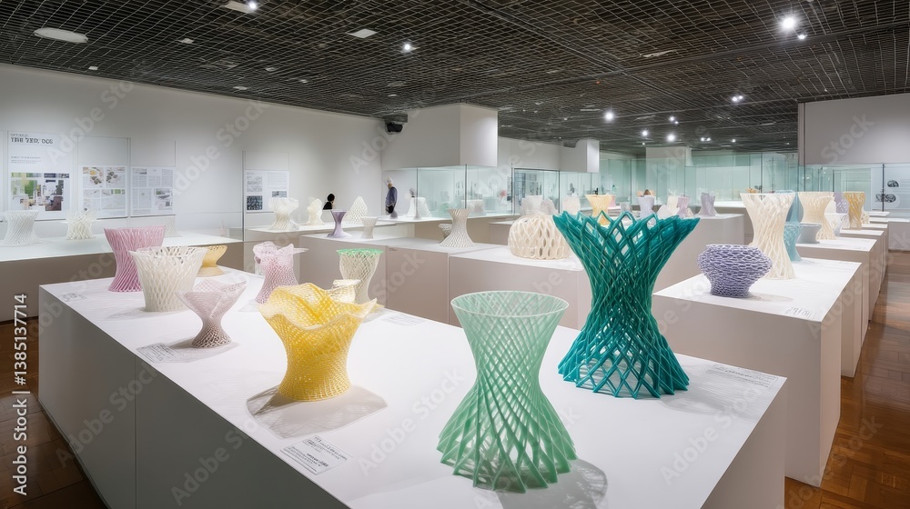 Aufkleber Front-facing tabletop display features an array of colorful 3D-printed sculptures with intricate lattice patterns. Each piece stands upright in a contemporary showroom