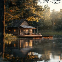 Fototapeta premium Serene lakeside retreat with warm golden hour lighting, featuring a highly detailed wooden cabin reflecting in crystal clear water, creating a peaceful and organic atmosphere