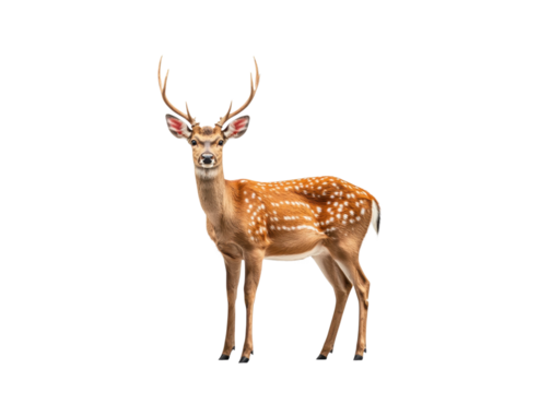 Sika deer stag with antlers isolated on transparent background. Wildlife and nature concept.
