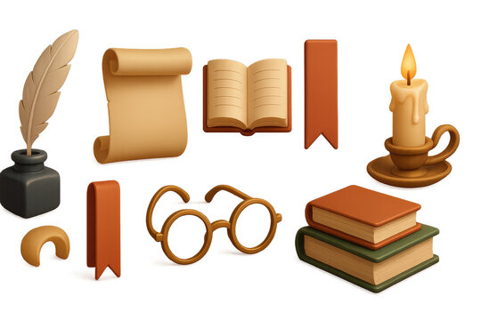 3d literary icons set: quill, scroll, bookmark, candle, glasses, books