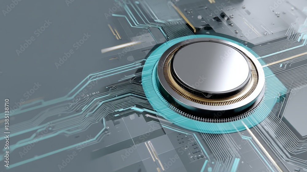 Poster Silver mechanical cog combines seamlessly with a glowing digital motherboard in a futuristic blue-gray hue, surrounded by vibrant data streams and circuit lines