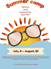 Summer poster with a sun with glasses with the words summer camp and advertising text