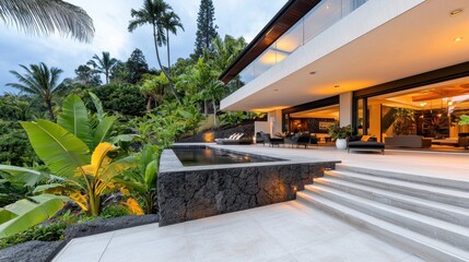 Fototapeta premium Modern Tropical Villa with Infinity Pool at Dusk