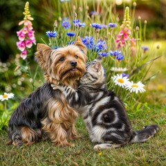 Adorable Cat and Dog Friendship in a Flower Garden