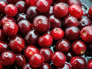 Vivid red cranberries splashed with water, creating dynamic droplets.