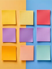 Colorful Notes on a Dual-Toned Canvas: A grid of vibrant, square sticky notes arranged on a split-toned background of complementary colors, each a different hue, suggesting ideas and organisation.