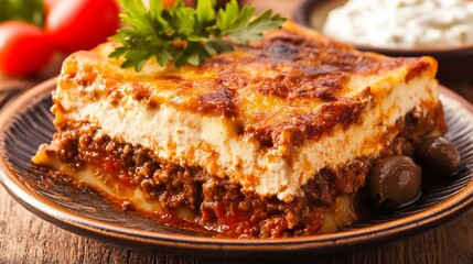 Savory, layered casserole with ground meat, cheese, and sauce
