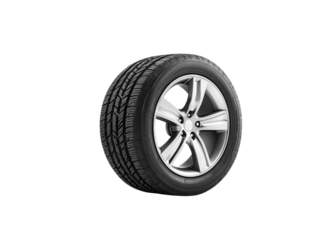 Car tire with alloy wheel isolated on transparent background. Concept of automotive, transport, and vehicle maintenance.